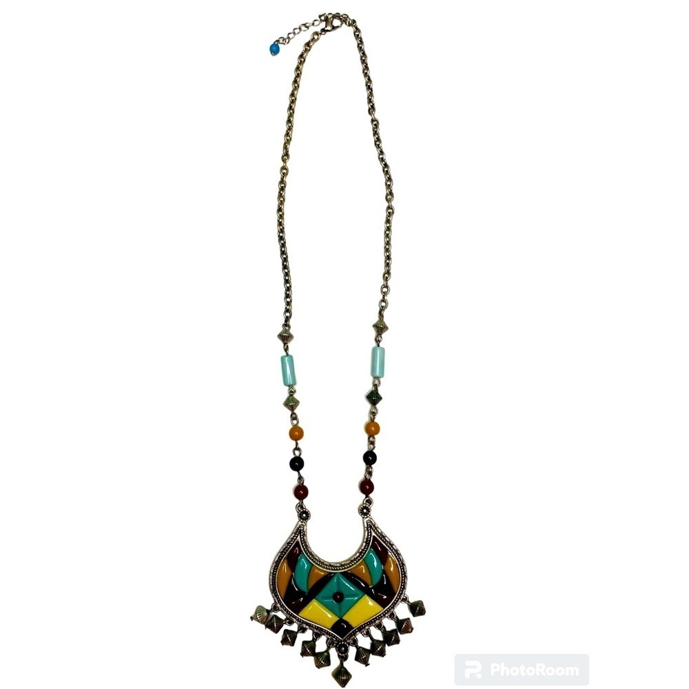Necklace silver overlay multicolored on one side silver design on the other #12